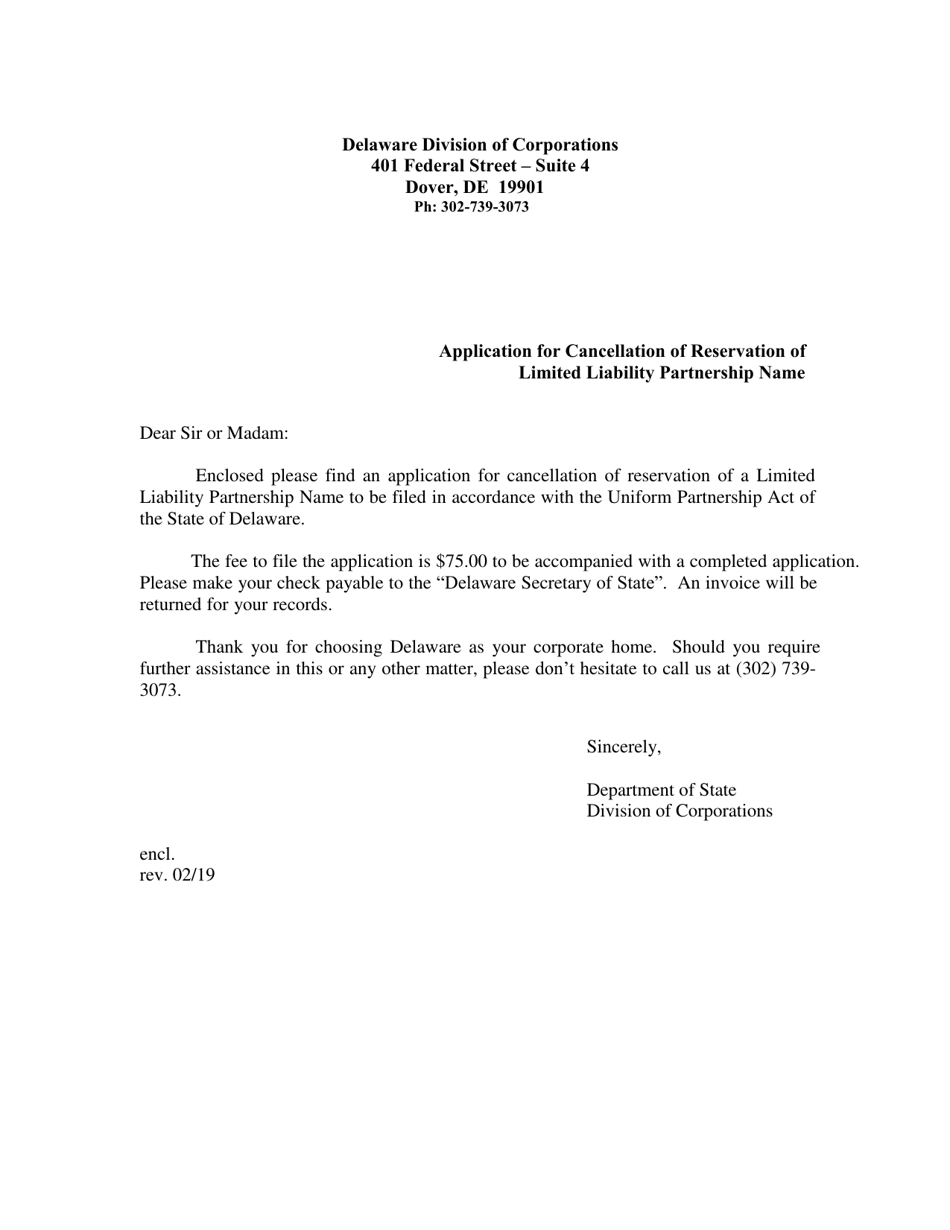 Application for Cancellation of Reservation of Limited Liability Partnership Name - Delaware, Page 1
