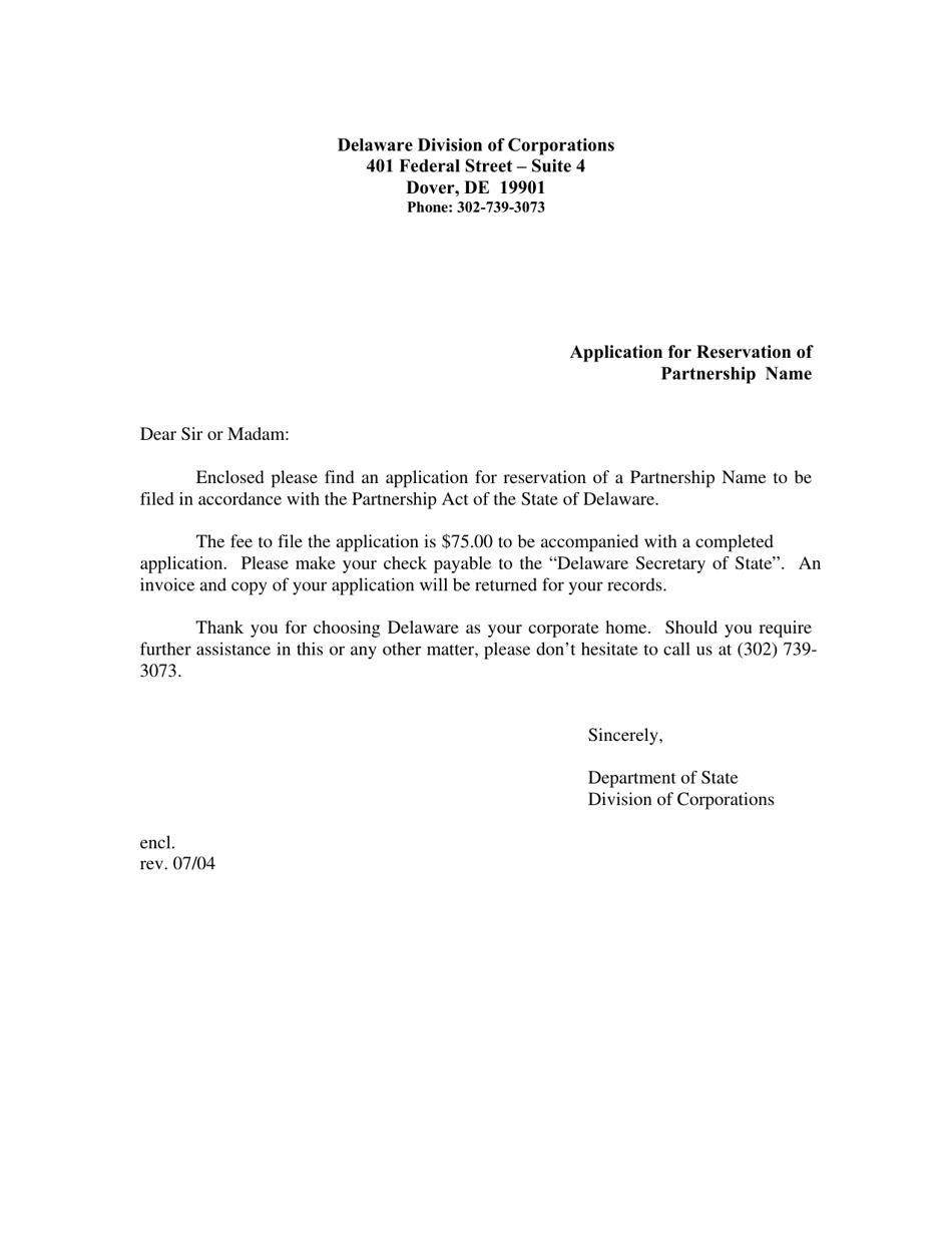 Application for Reservation of Partnership Name - Delaware, Page 1