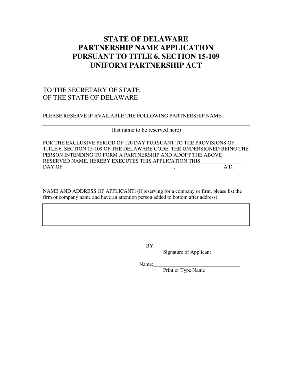 Application for Reservation of Partnership Name - Delaware, Page 2