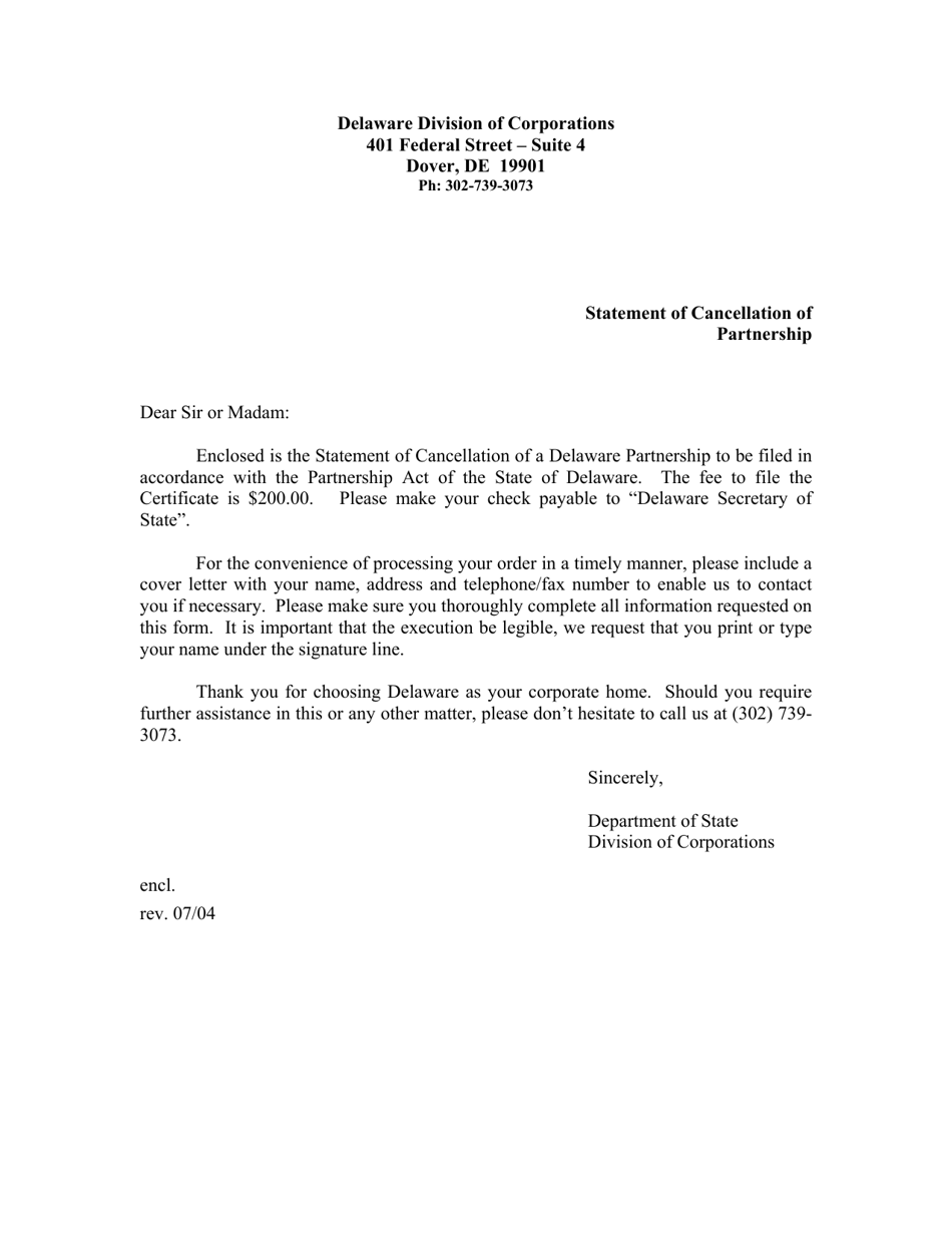 Statement of Cancellation of Partnership - Delaware, Page 1