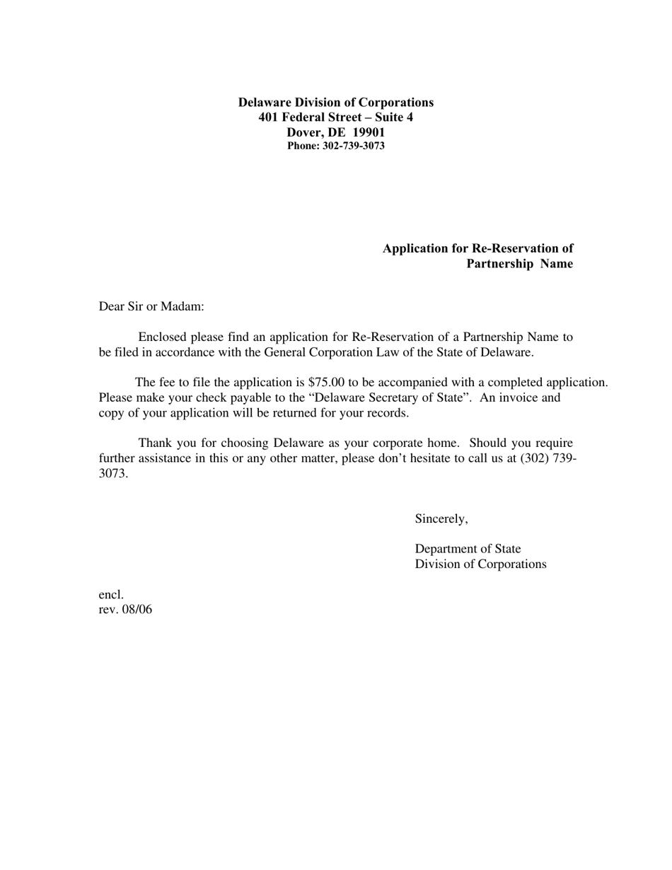 Application for Re-reservation of Partnership Name - Delaware, Page 1
