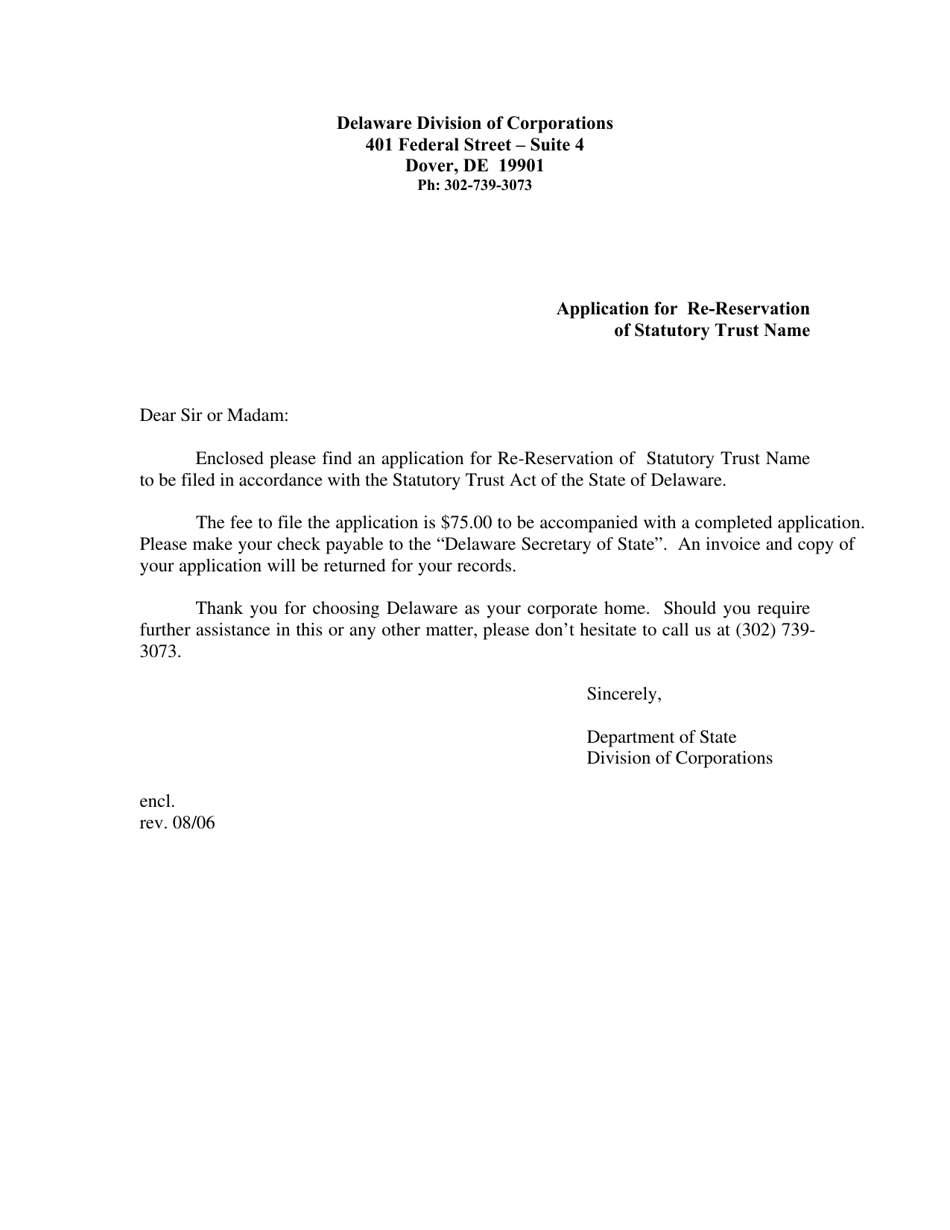 Application for Re-reservation of Statutory Trust Name - Delaware, Page 1