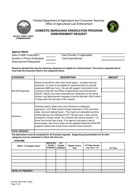 Form FDACS-16076 Domestic Marijuana Eradication Program Disbursement Request - Florida