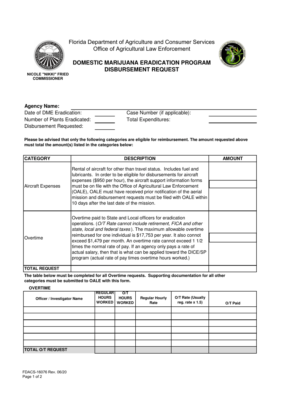 Form FDACS-16076 Domestic Marijuana Eradication Program Disbursement Request - Florida, Page 1