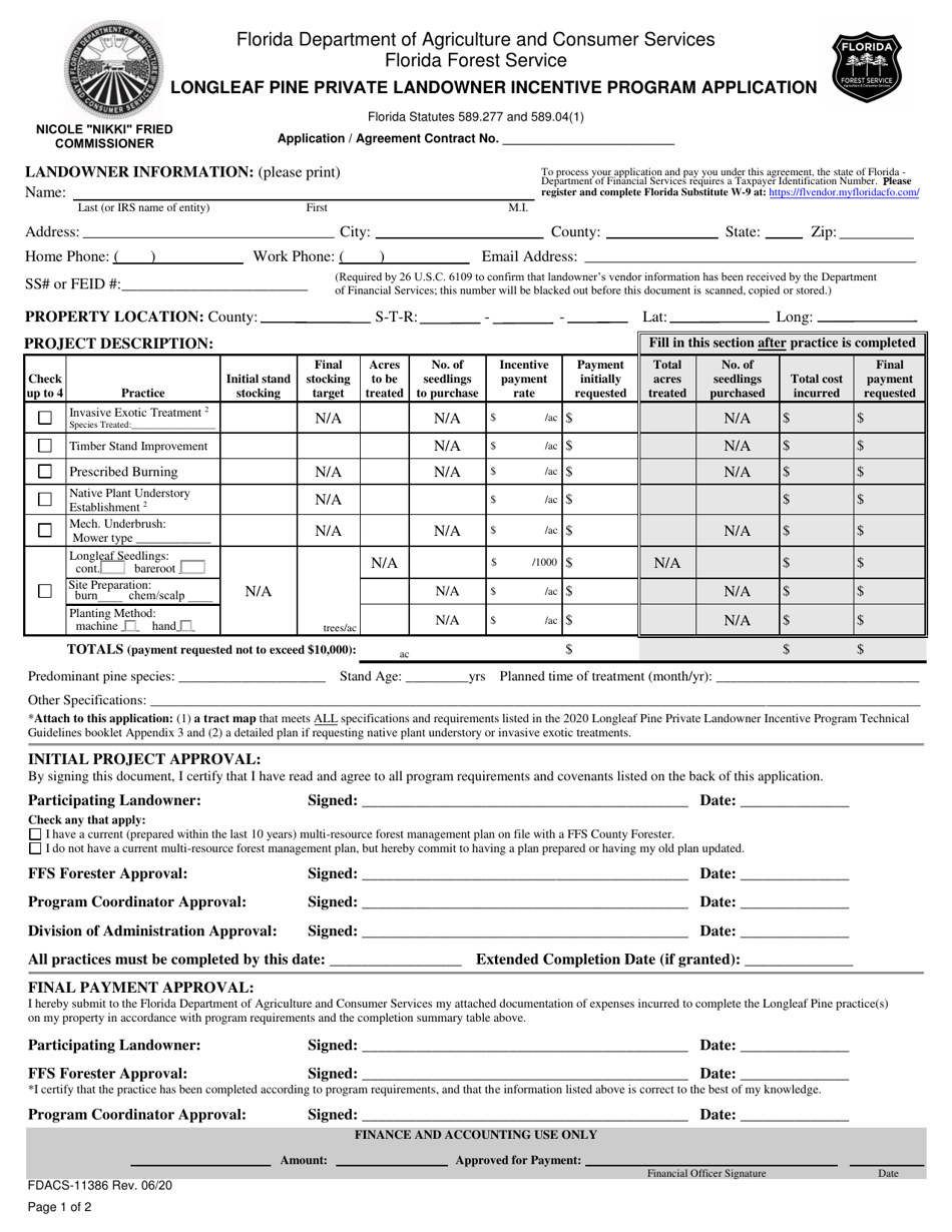 Form FDACS-11386 Longleaf Pine Private Landowner Incentive Program Application - Florida, Page 1