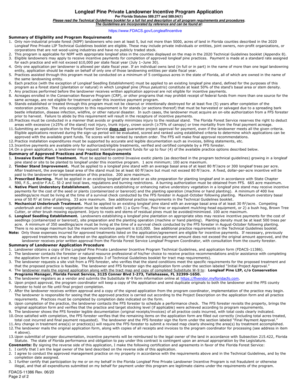 Form FDACS-11386 Longleaf Pine Private Landowner Incentive Program Application - Florida, Page 2