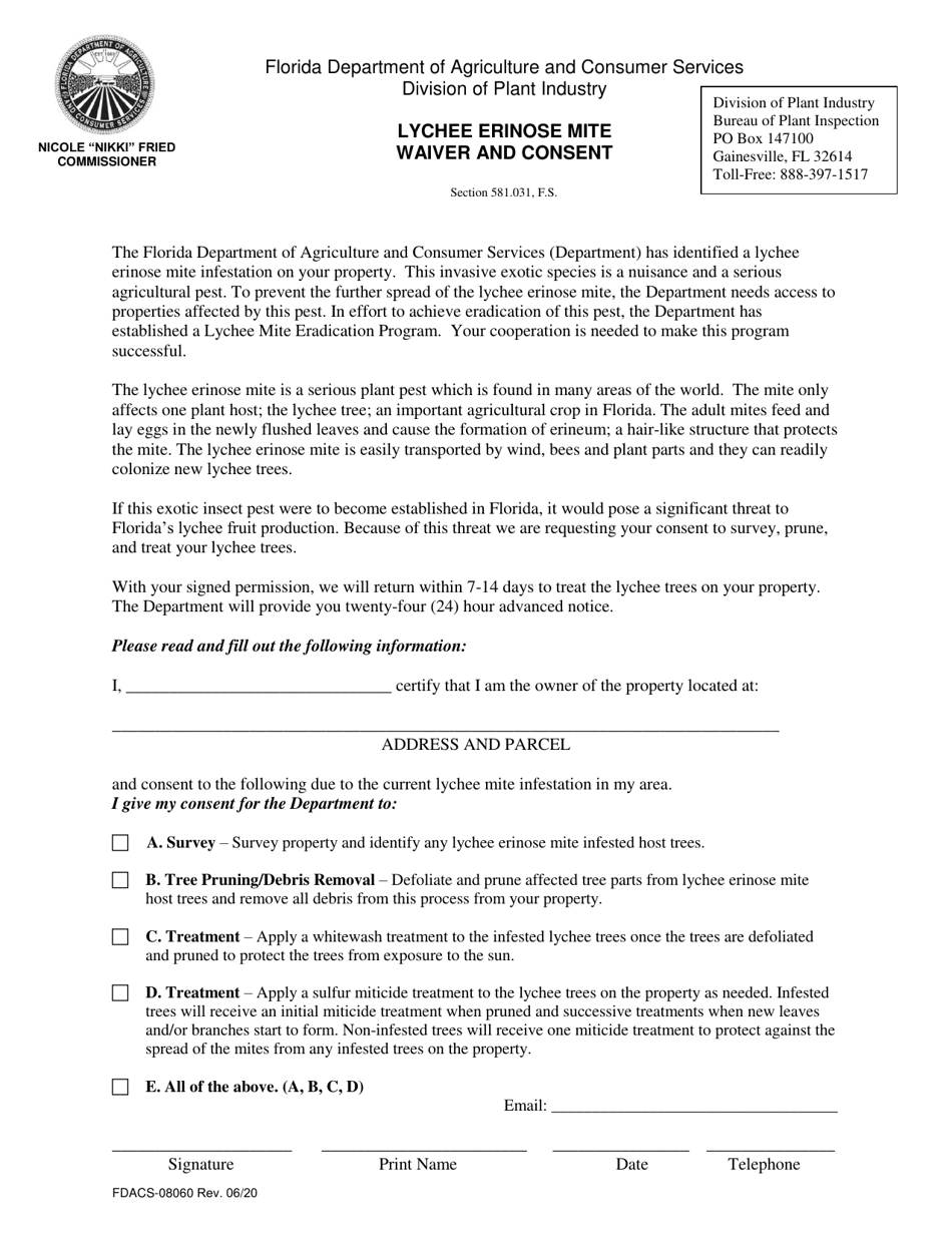 Form FDACS-08060 Lychee Ernose Mite Waiver and Consent - Florida, Page 1
