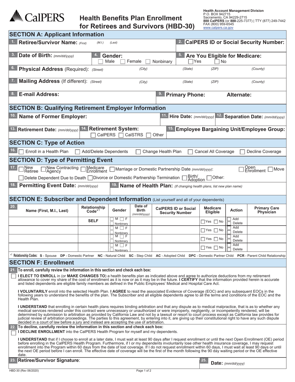 Form HBD-30 Health Benefits Plan Enrollment for Retirees and Survivors - California, Page 1