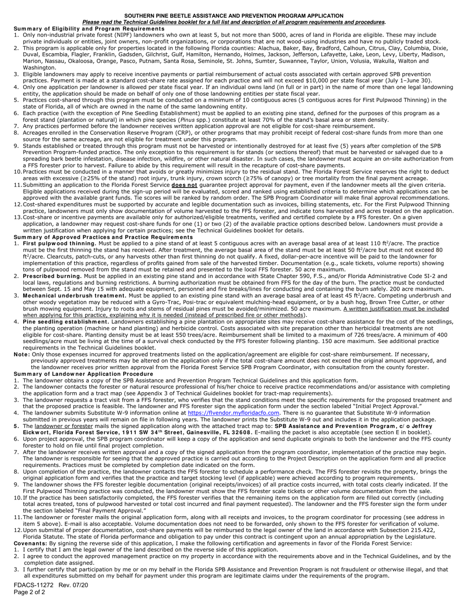 Form FDACS-11272 Southern Pine Beetle Assistance and Prevention Program Application - Florida, Page 2