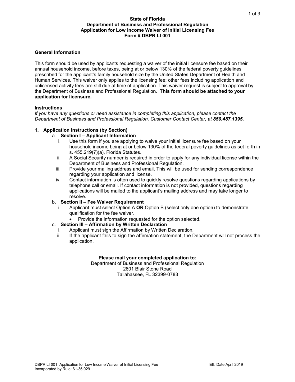 Form DBPR LI001 Application for Low Income Waiver of Initial Licensing Fee - Florida, Page 1