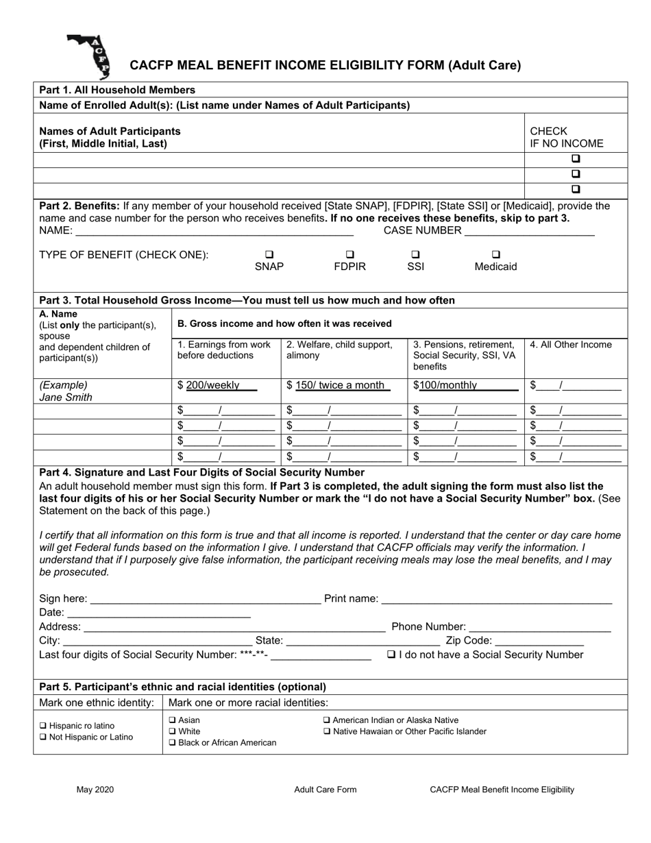 Florida CACFP Meal Benefit Eligibility Form (Adult Care