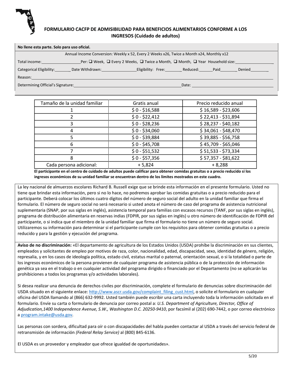 Formulario CACFP De Admisibilidad Para Beneficios Alimentarios Conforme a Los Ingresos (Cuidado De Adultos) - Florida (Spanish), Page 2