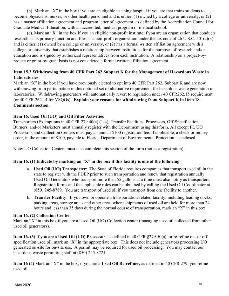 Instructions for Form 8700-12FL, DEP Form 62-730.900(1)(B) Florida Notification of Regulated Waste Activity - Florida, Page 10