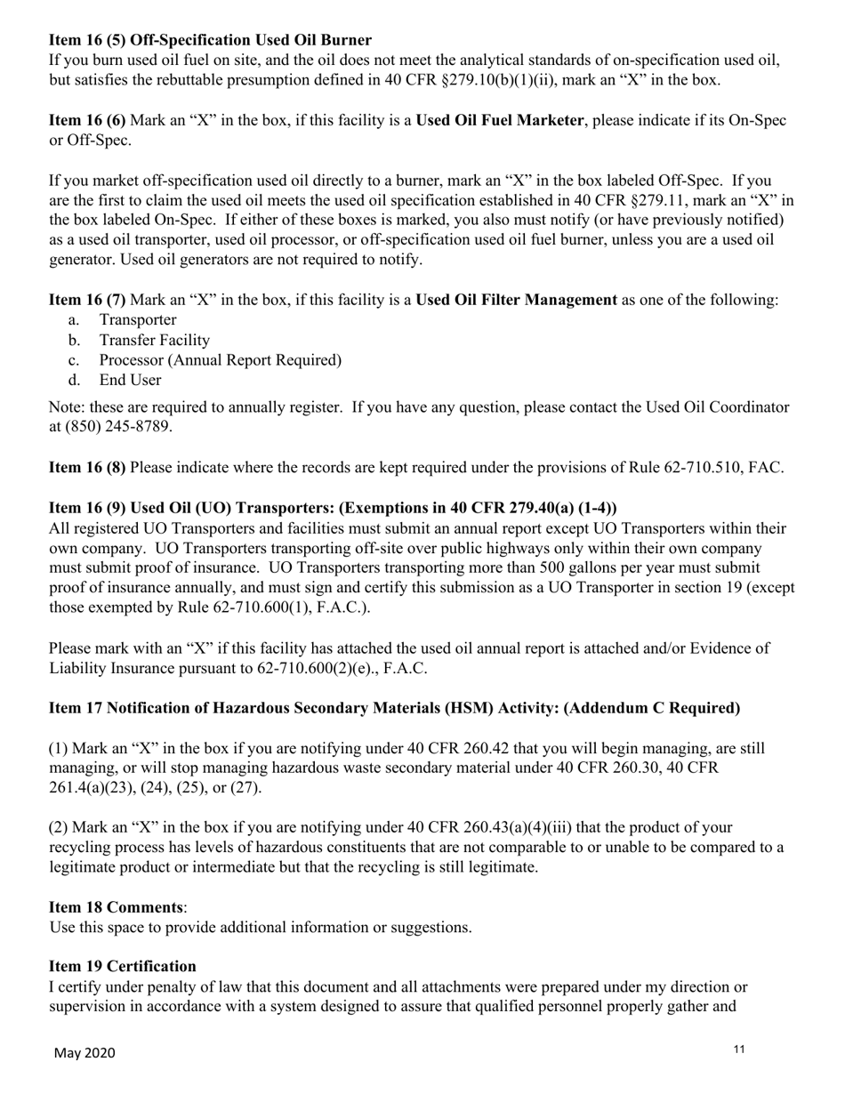 Instructions for Form 8700-12FL, DEP Form 62-730.900(1)(B) Florida Notification of Regulated Waste Activity - Florida, Page 11