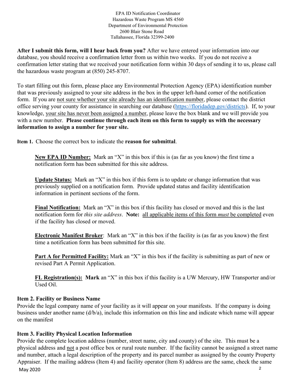 Instructions for Form 8700-12FL, DEP Form 62-730.900(1)(B) Florida Notification of Regulated Waste Activity - Florida, Page 2