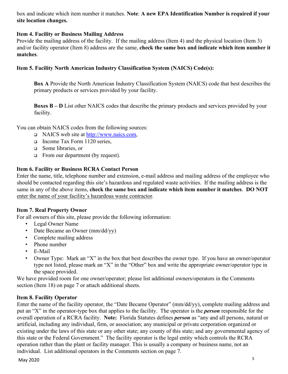 Instructions for Form 8700-12FL, DEP Form 62-730.900(1)(B) Florida Notification of Regulated Waste Activity - Florida, Page 3