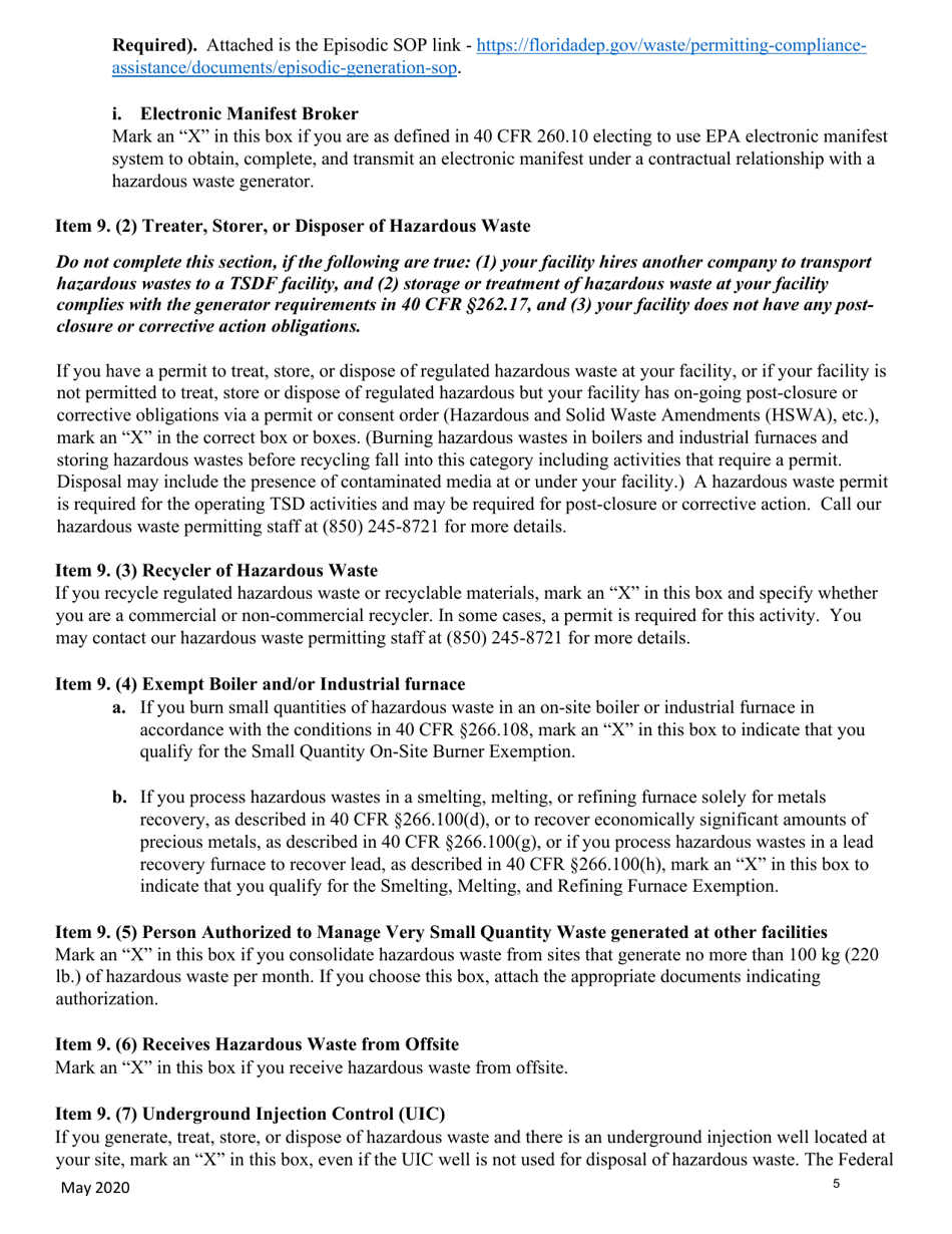 Instructions for Form 8700-12FL, DEP Form 62-730.900(1)(B) Florida Notification of Regulated Waste Activity - Florida, Page 5