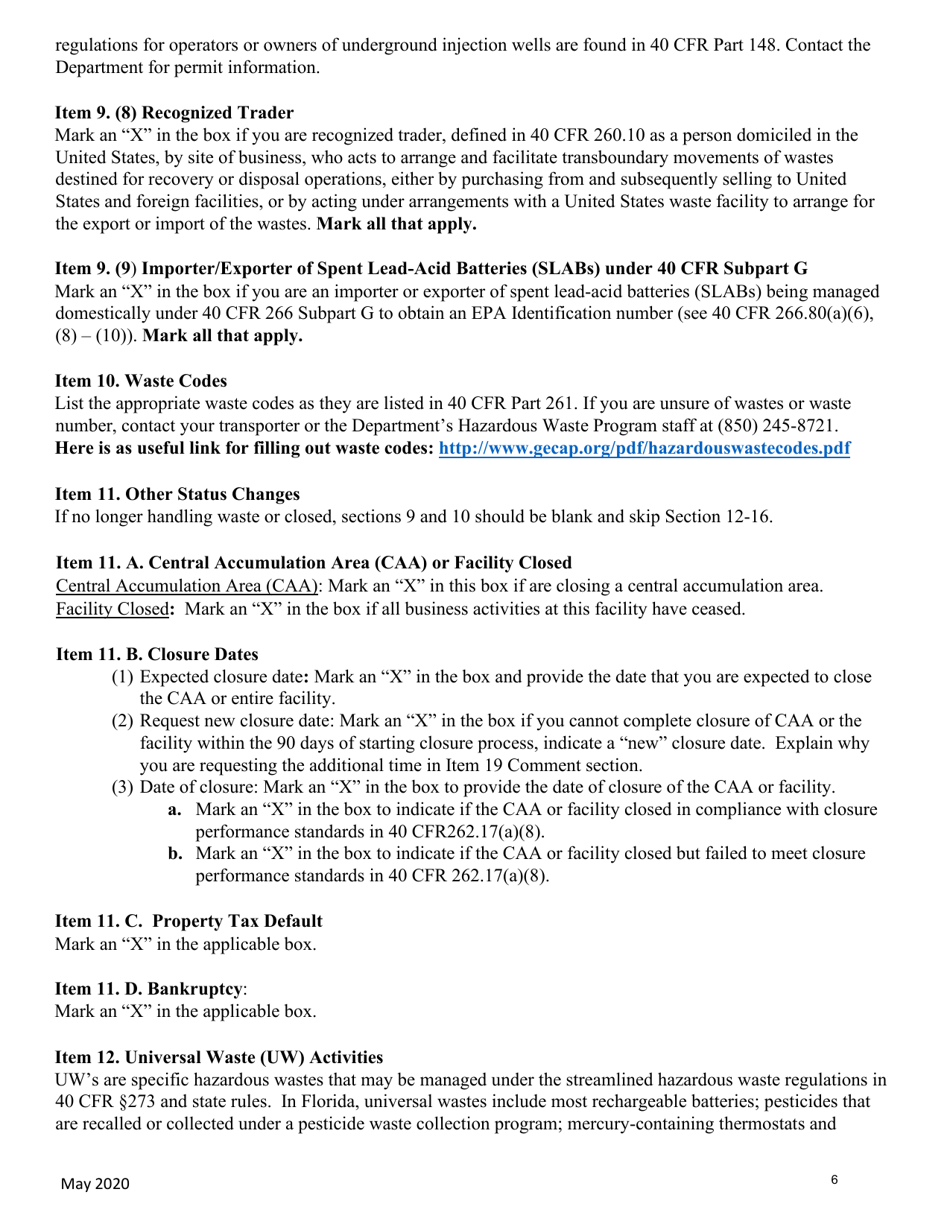 Instructions for Form 8700-12FL, DEP Form 62-730.900(1)(B) Florida Notification of Regulated Waste Activity - Florida, Page 6