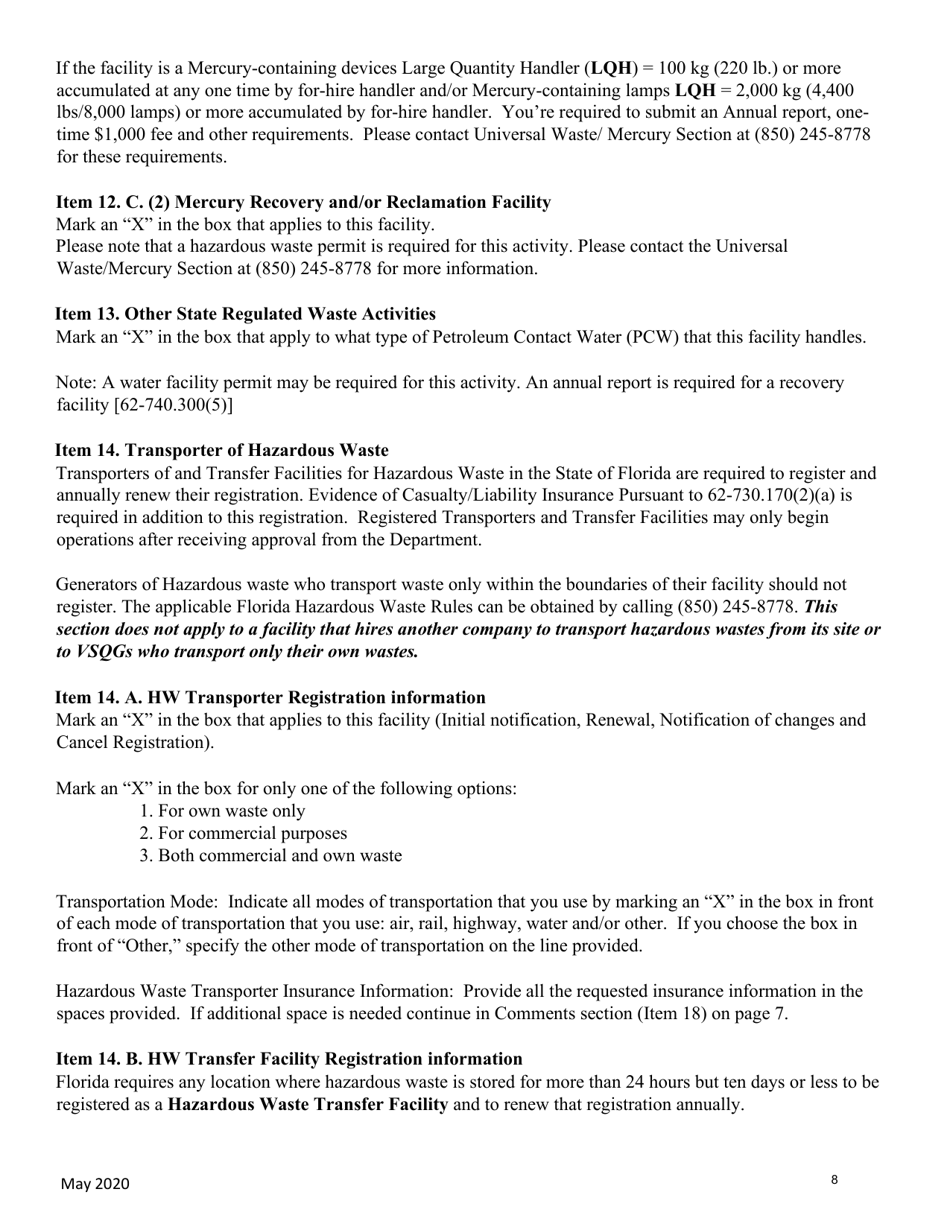 Instructions for Form 8700-12FL, DEP Form 62-730.900(1)(B) Florida Notification of Regulated Waste Activity - Florida, Page 8