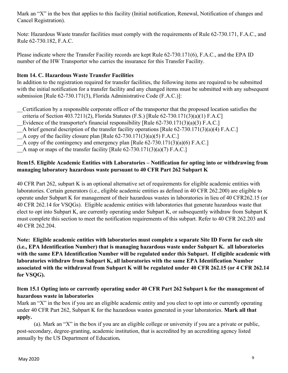 Instructions for Form 8700-12FL, DEP Form 62-730.900(1)(B) Florida Notification of Regulated Waste Activity - Florida, Page 9