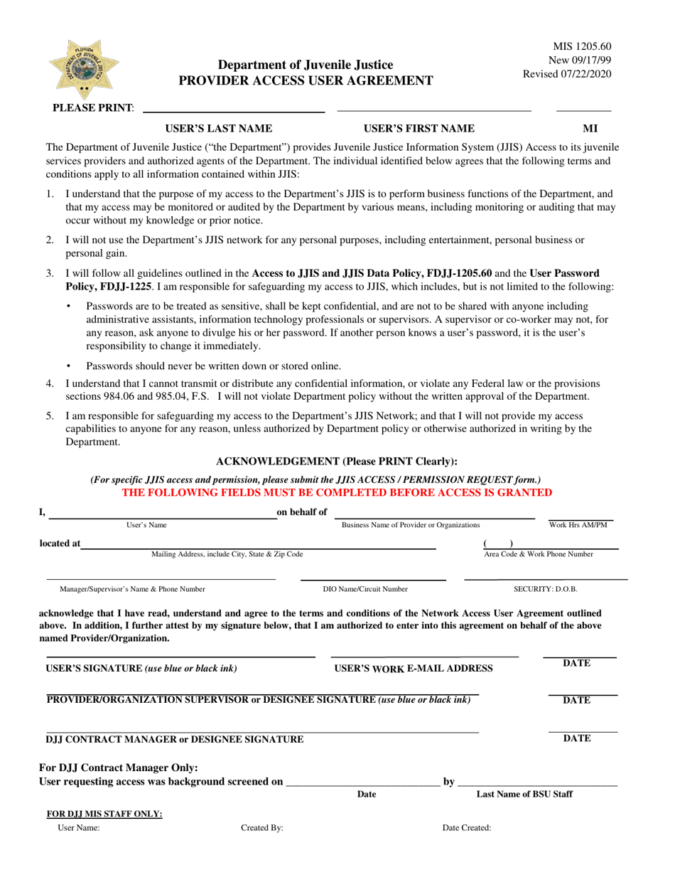 Form MIS1205.60 Provider Access User Agreement - Florida, Page 1