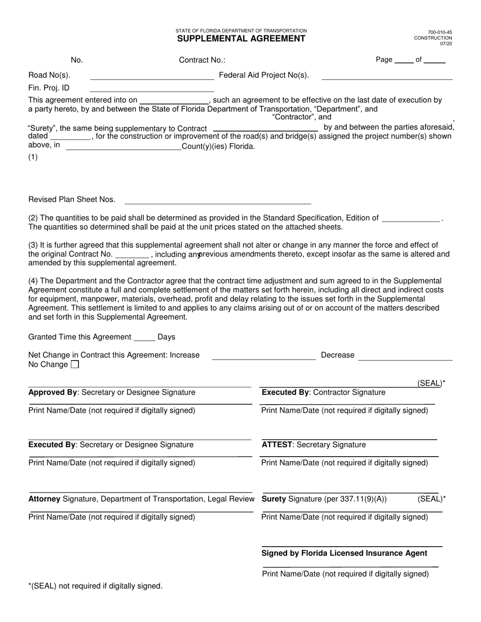 Form 700-010-45 Supplemental Agreement - Florida, Page 1