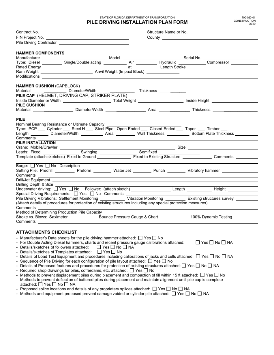 Form 700-020-01 Pile Driving Installation Plan Form - Florida, Page 1