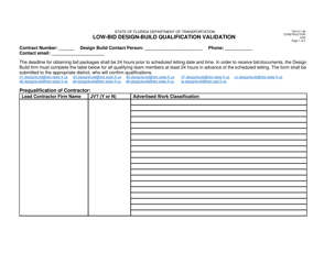 Form 700-011-36 &quot;Low-Bid Design-Build Qualification Validation&quot; - Florida