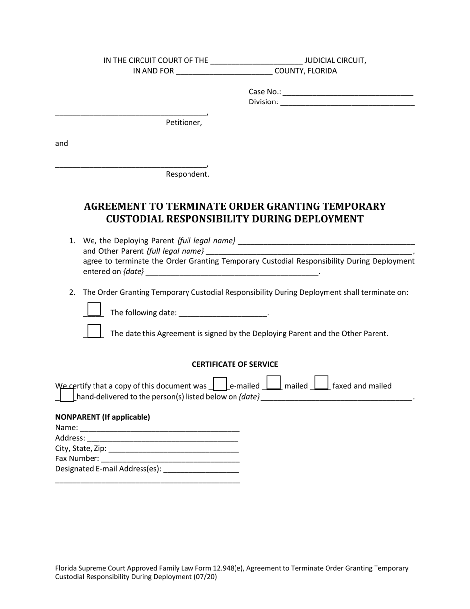 Family Law Form 12.948(E) Agreement to Terminate Order Granting Temporary Custodial Responsibility During Deployment - Florida, Page 3
