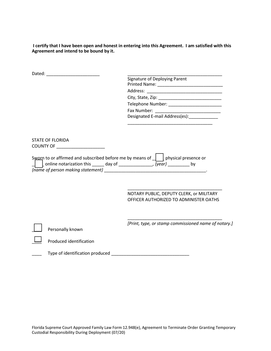 Family Law Form 12.948(E) Agreement to Terminate Order Granting Temporary Custodial Responsibility During Deployment - Florida, Page 4