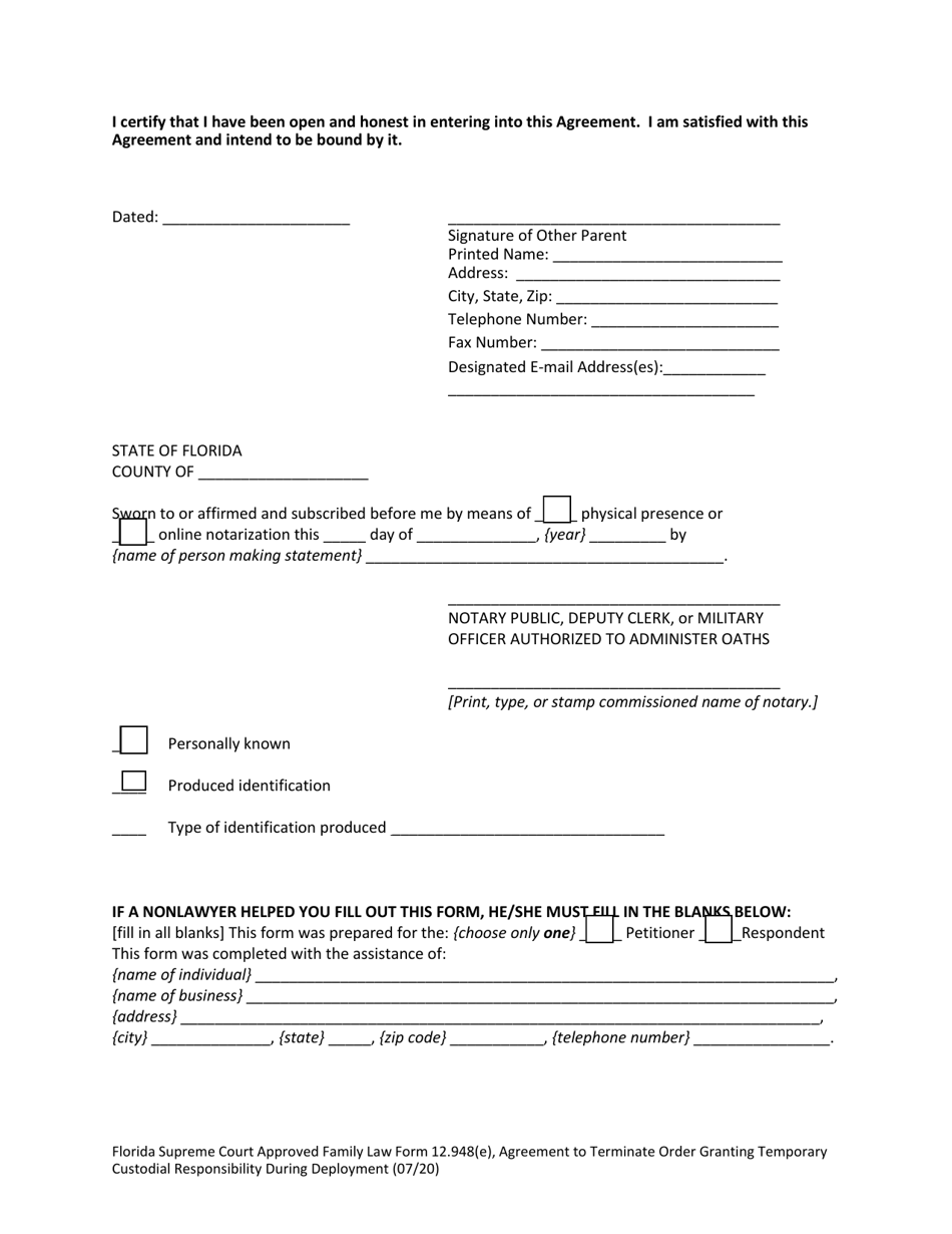 Family Law Form 12.948(E) Agreement to Terminate Order Granting Temporary Custodial Responsibility During Deployment - Florida, Page 5