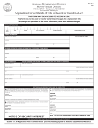 Document preview: Form MVT20-1 Application for Certificate of Title to Record or Transfer a Lien - Alabama