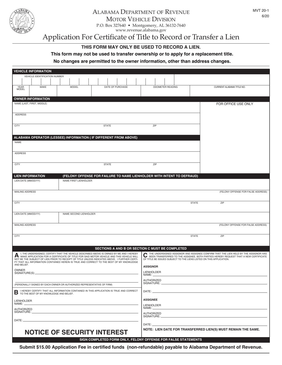 Form MVT20-1 Application for Certificate of Title to Record or Transfer a Lien - Alabama, Page 1