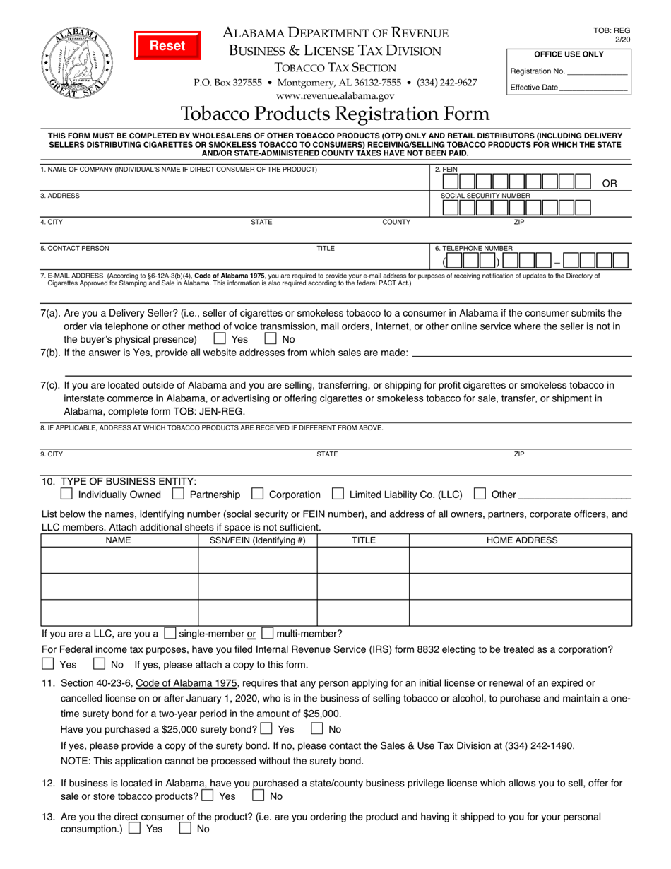 Form TOB: REG Tobacco Products Registration Form - Alabama, Page 1