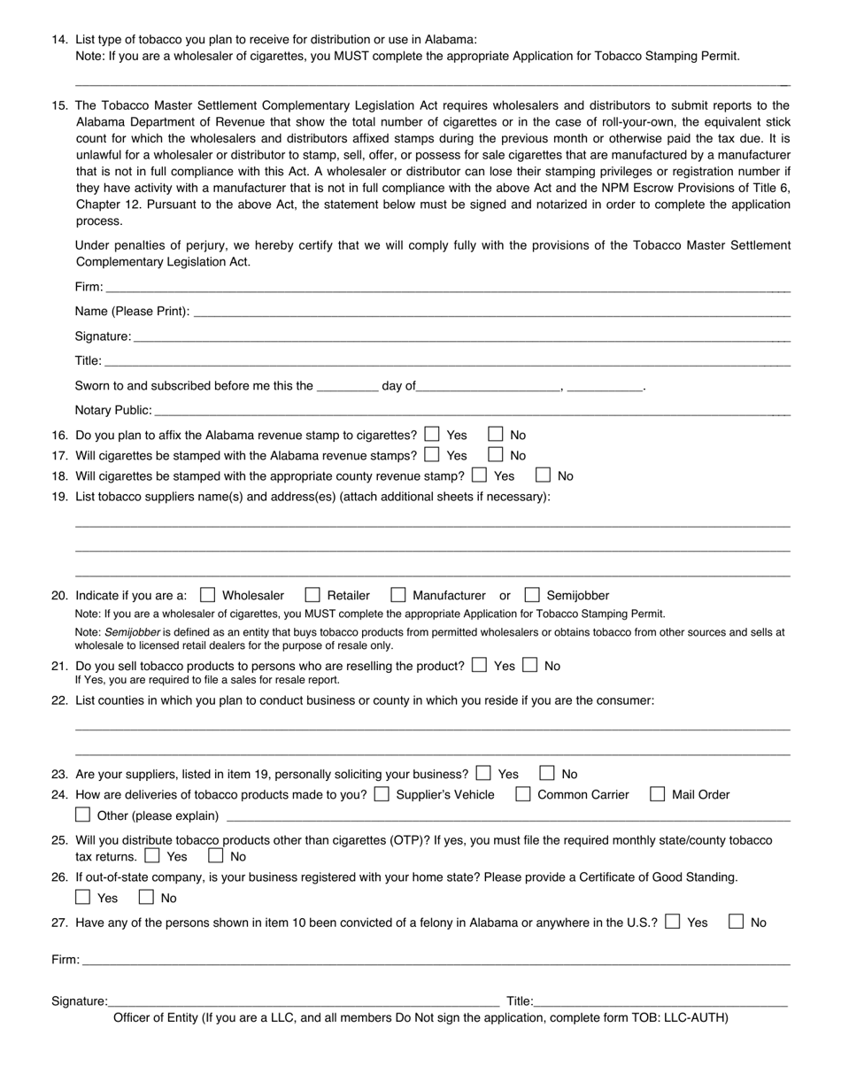 Form TOB: REG Tobacco Products Registration Form - Alabama, Page 2