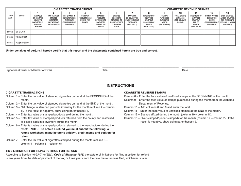 Form TOB: T-WHSLE-CO Wholesalers Monthly Report of State-Administered County Cigarette Products - Alabama, Page 2