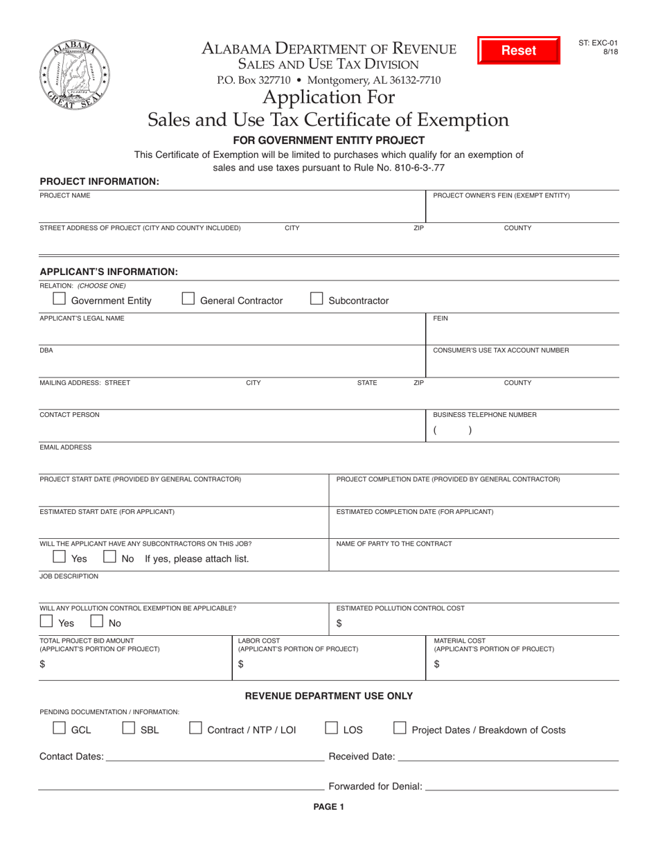 Form ST: EXC-01 Application for Sales and Use Tax Certificate of Exemption for Government Entity Project - Alabama, Page 1