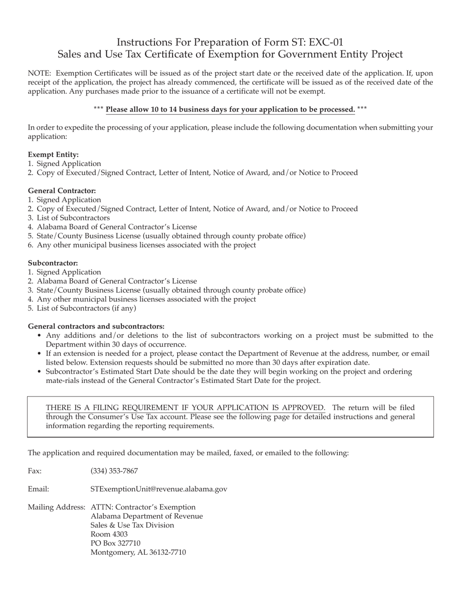 Form ST: EXC-01 Application for Sales and Use Tax Certificate of Exemption for Government Entity Project - Alabama, Page 3