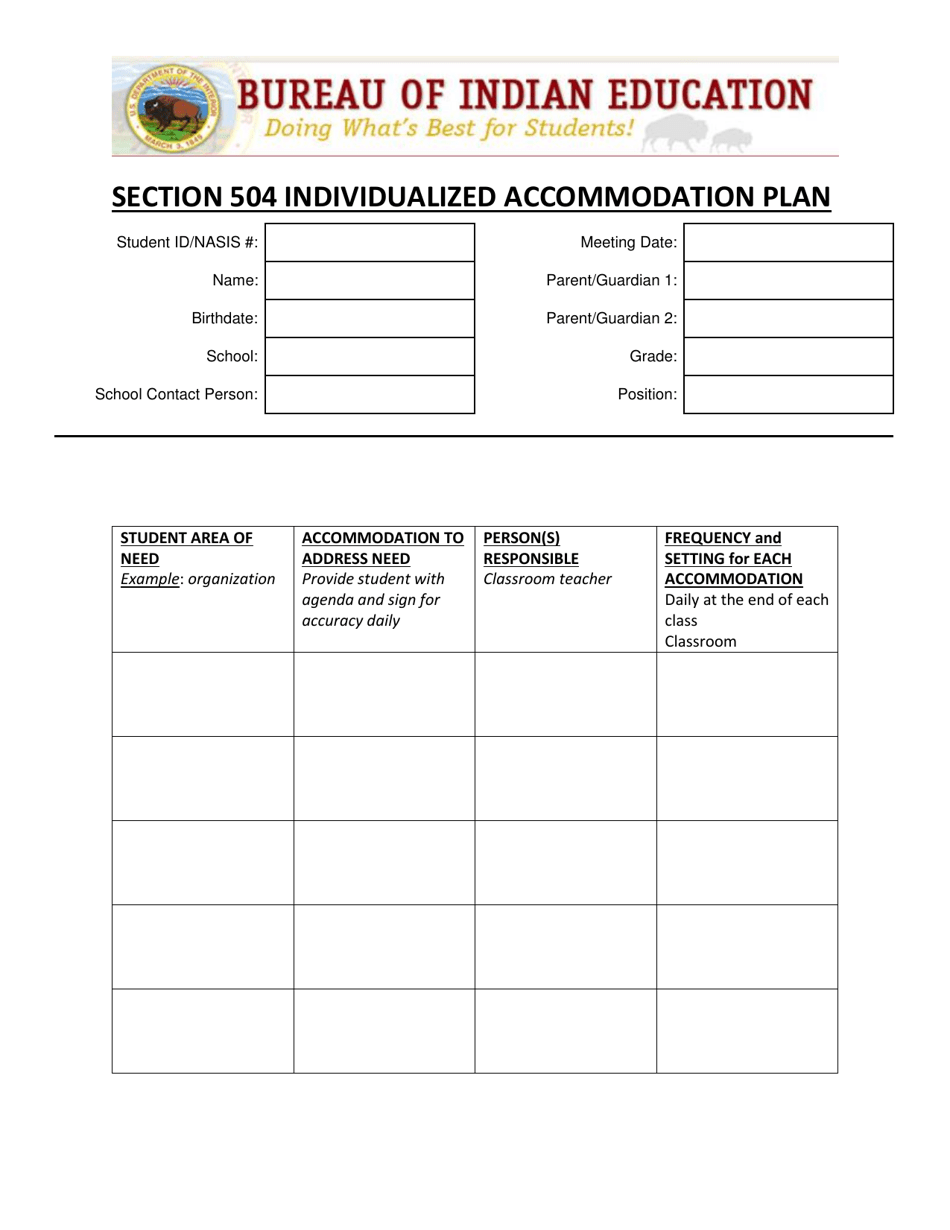 meal accommodation form 504 plan