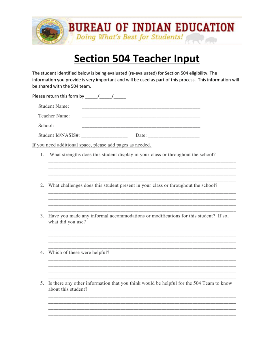 Section 504 Teacher Input, Page 1