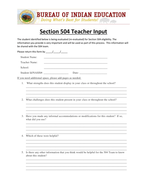 Section 504 Teacher Input Download Pdf