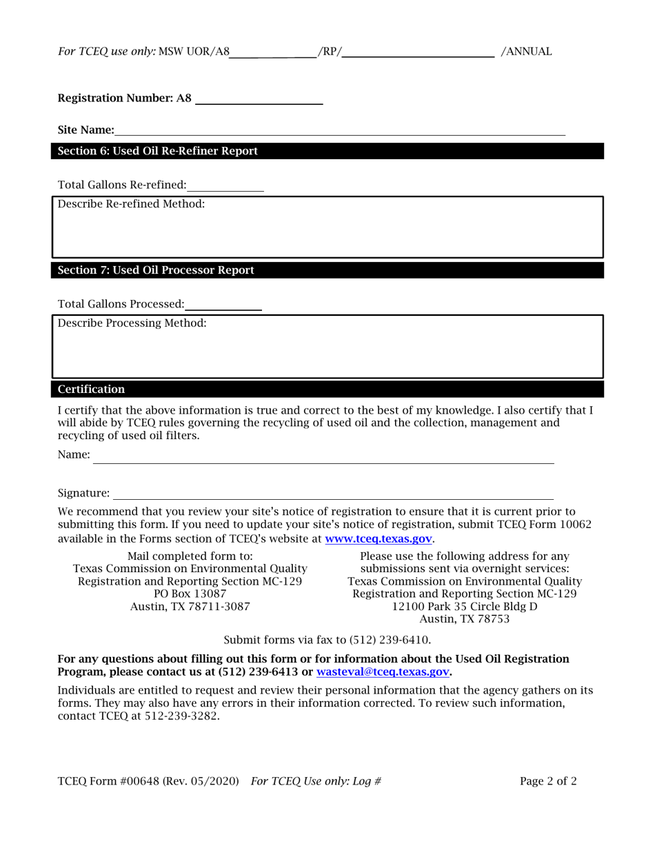 Form TCEQ-00648 Used Oil / Used Oil Filter Handler Biennial Report - Texas, Page 2