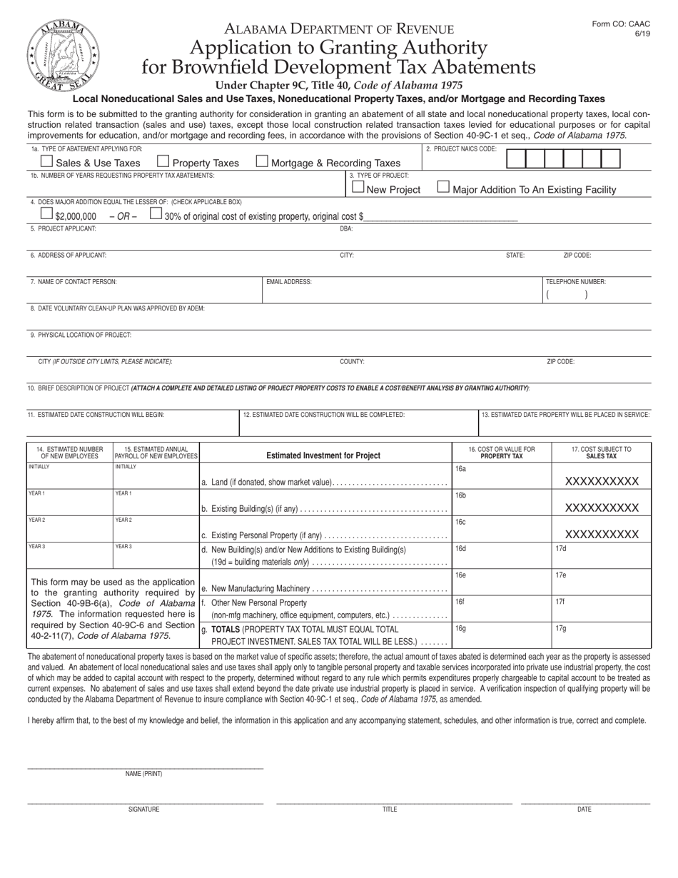 Form CO: CAAC Application to Granting Authority for Brownfield Development Tax Abatements - Alabama, Page 1