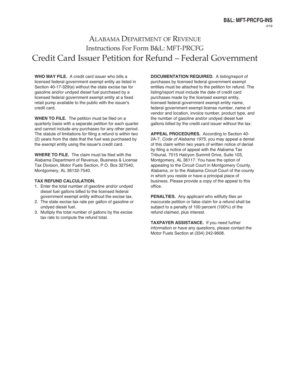Instructions for Form BL: MFT-PRCFG Credit Card Issuer Petition for Refund - Federal Government - Alabama, Page 1