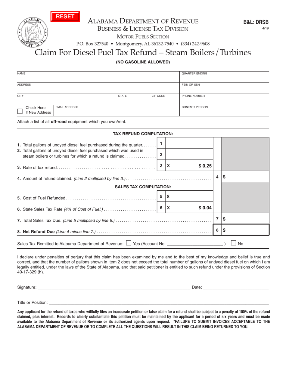 Form BL: DRSB Claim for Diesel Fuel Tax Refund - Steam Boilers / Turbines - Alabama, Page 1