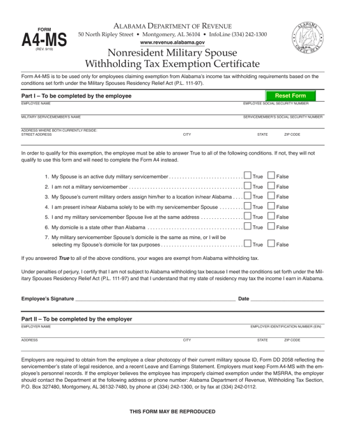Form A4-MS Nonresident Military Spouse Withholding Tax Exemption Certificate - Alabama