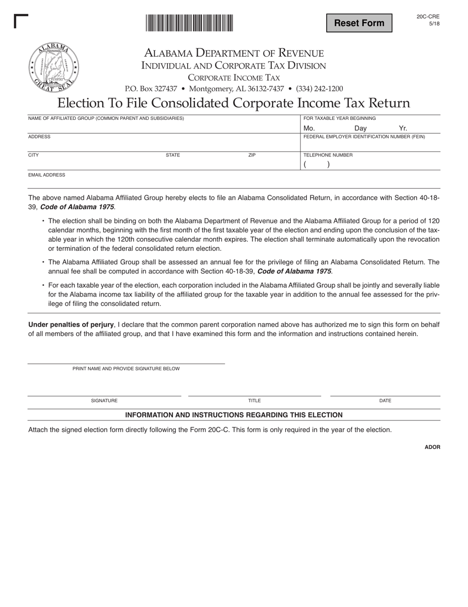 Form 20C-CRE Election to File Consolidated Corporate Income Tax Return - Alabama, Page 1