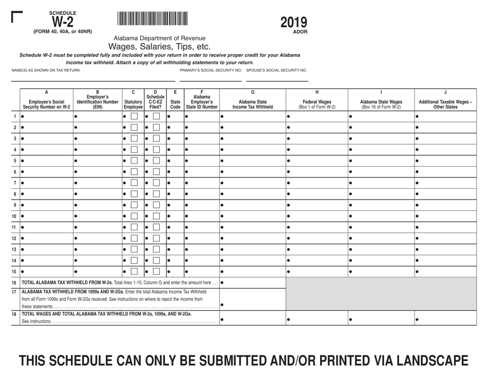 Form 40 (40A; 40NR) Schedule W-2 Wages, Salaries, Tips, Etc - Alabama, Page 1