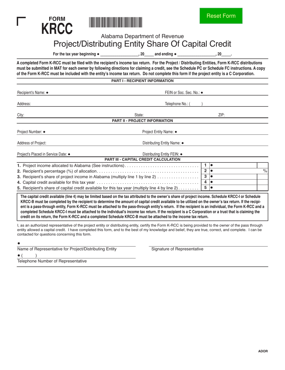 Form KRCC Project / Distributing Entity Share of Capital Credit - Alabama, Page 1