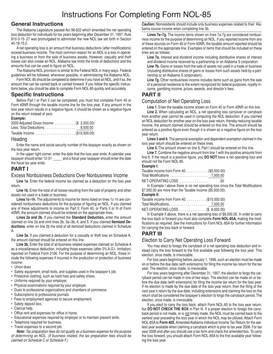 Form NOL-85 Computation of Net Operating Loss - Alabama, Page 3